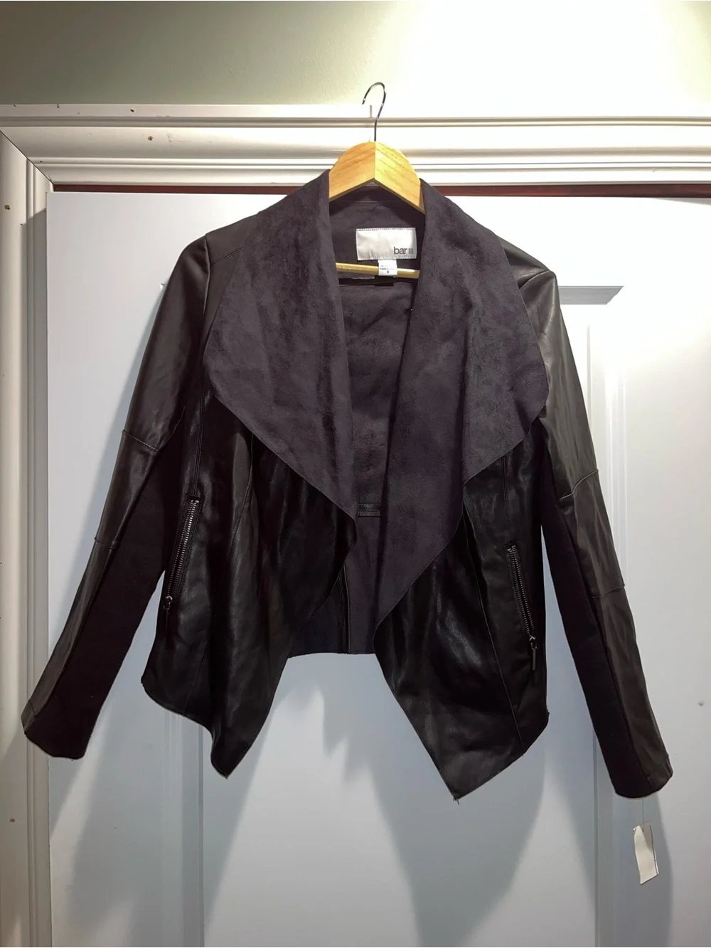 Bar III Black Draped Open-Front Faux-Leather Jacket